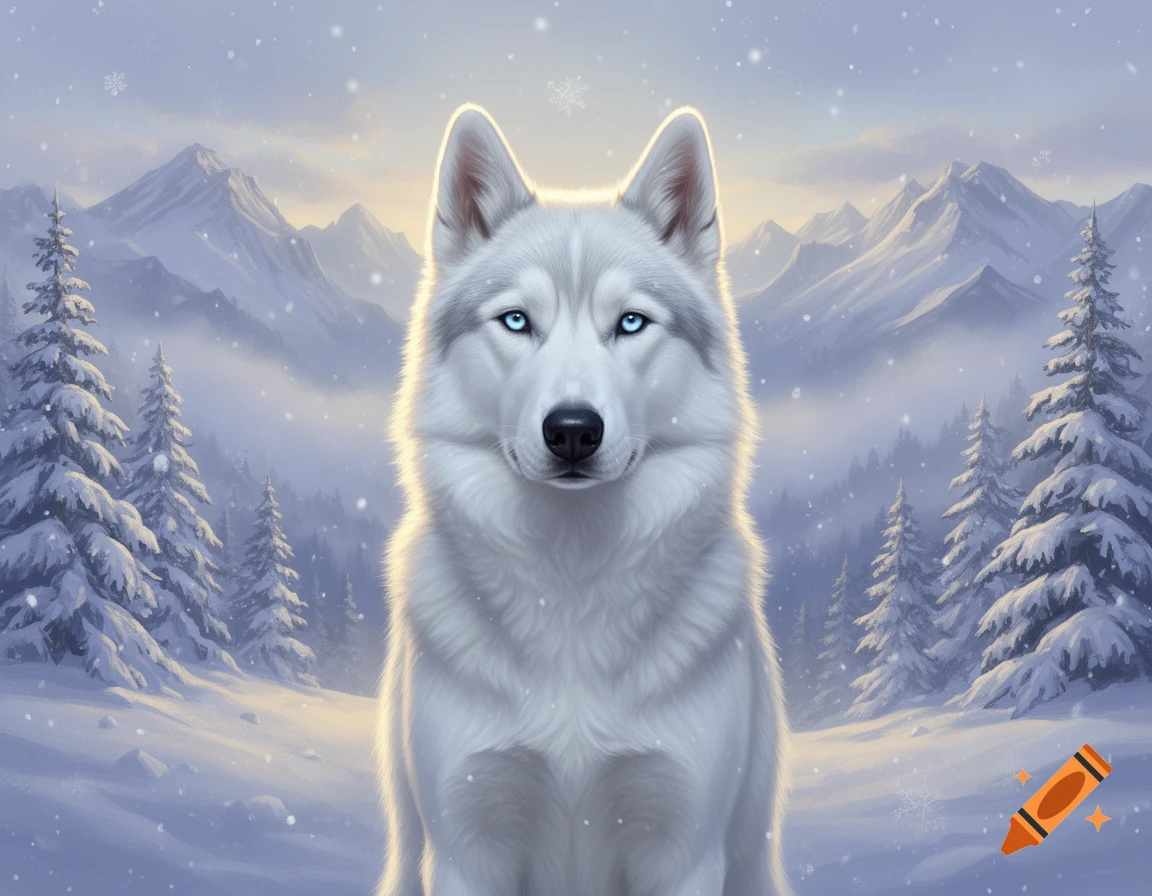 Digital painting of a white husky dog in a snowy mountain landscape with pine trees.