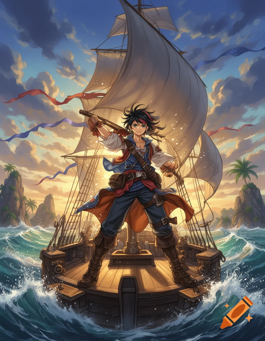 An anime-style pirate captain standing triumphantly on the deck of a ship with billowing sails at sunset.