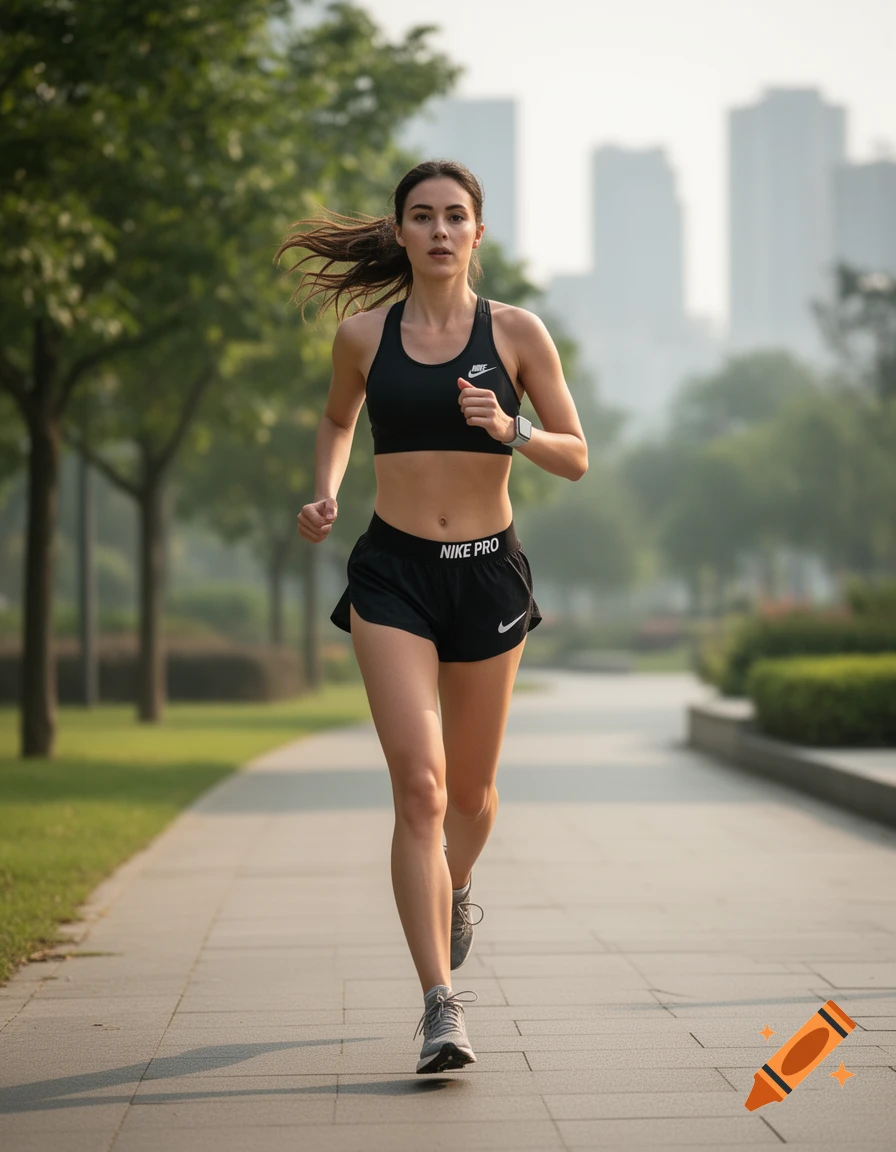 Photorealistic image of a young woman running on a paved path in a park wearing a black sports bra and shorts.