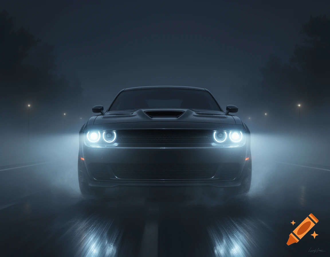Front view of a dark muscle car with illuminated headlights driving on a wet road in thick fog at night.