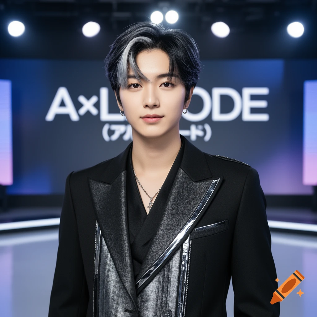 Photorealistic portrait of a young male K-pop idol with black and white highlighted hair, wearing a black suit, standing in front of a screen displaying "A×LMODE" text.