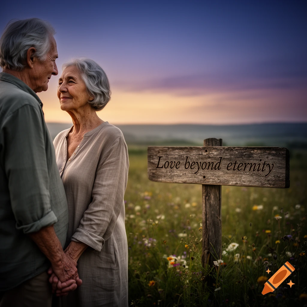 An elderly couple holding hands in a field at sunset, with a wooden sign reading "Love beyond eternity".