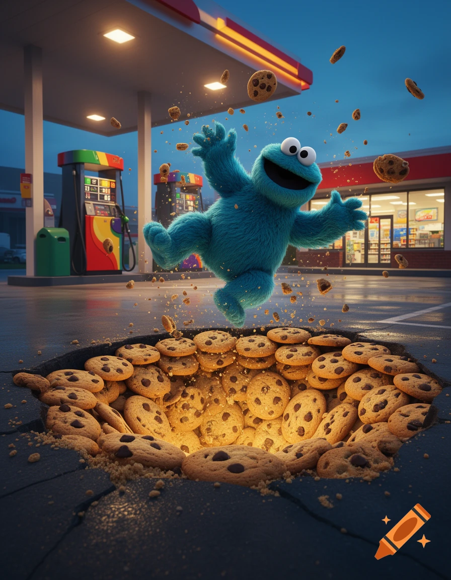 Cookie Monster jumping out of a sinkhole filled with chocolate chip cookies at a gas station at night, 3D render style.
