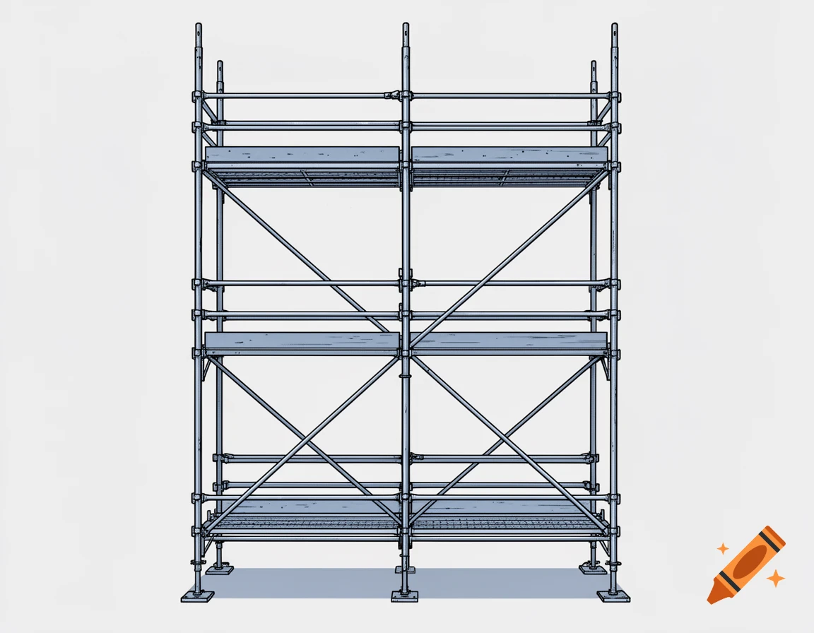 Front view of fixed scaffolding in manga style, featuring metal pipes and platforms on a plain background.