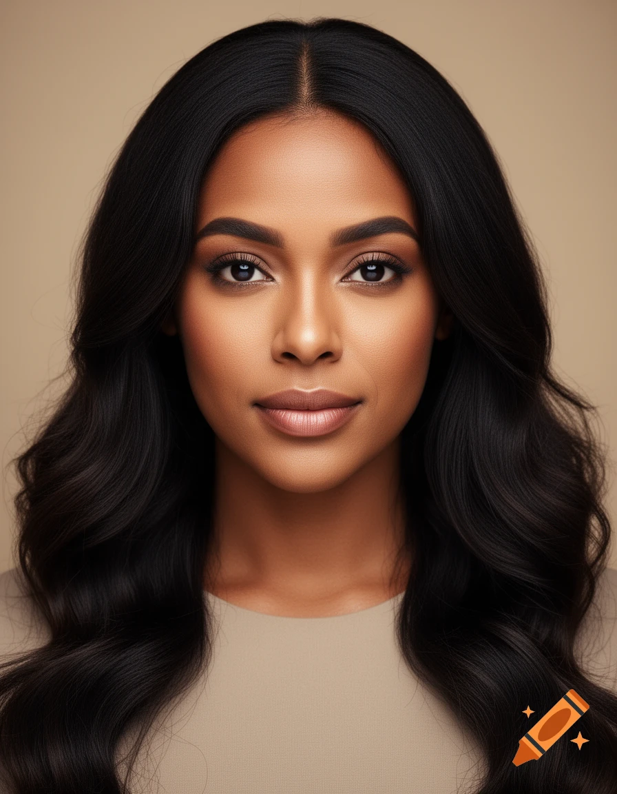 Photorealistic close-up portrait of a woman with long dark wavy hair, brown eyes, and neutral makeup against a beige background.