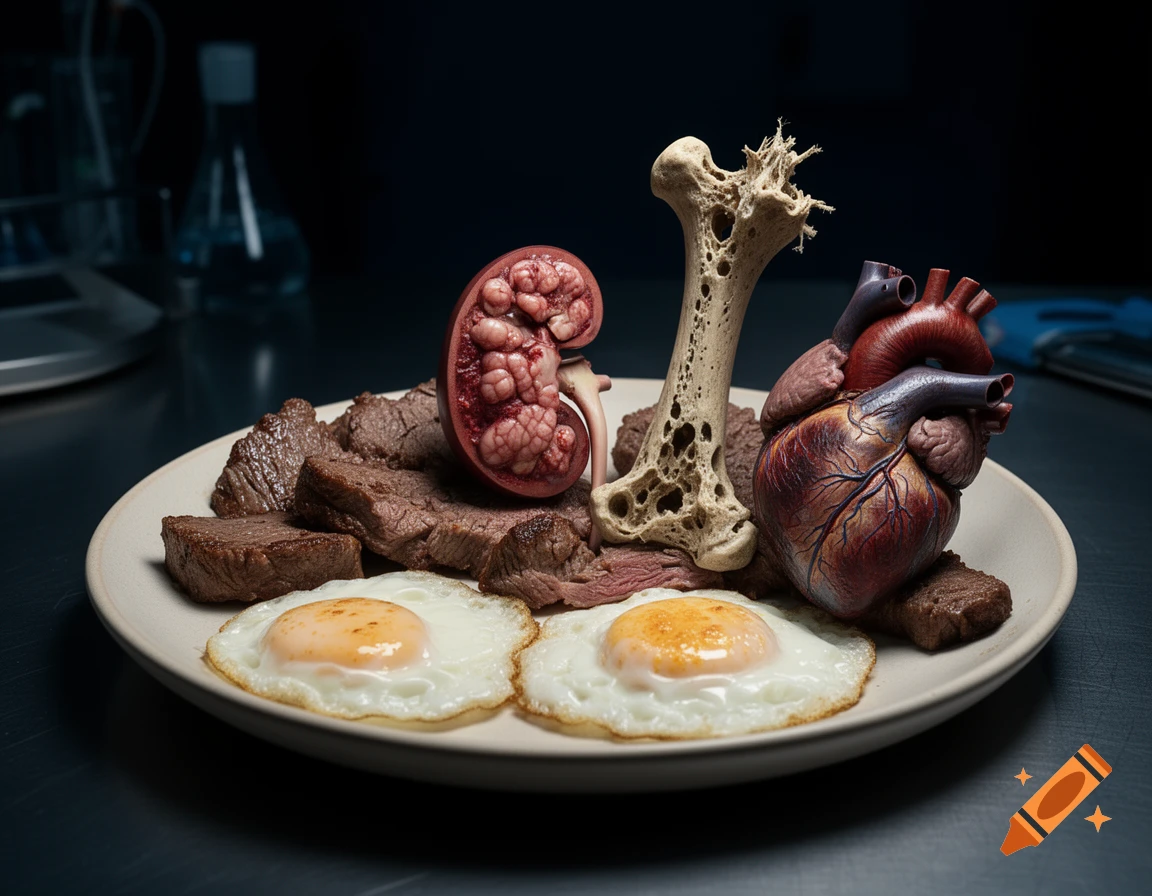 Photorealistic surreal image of a plate with meat, fried eggs, a diseased kidney, a damaged bone, and a sick heart.