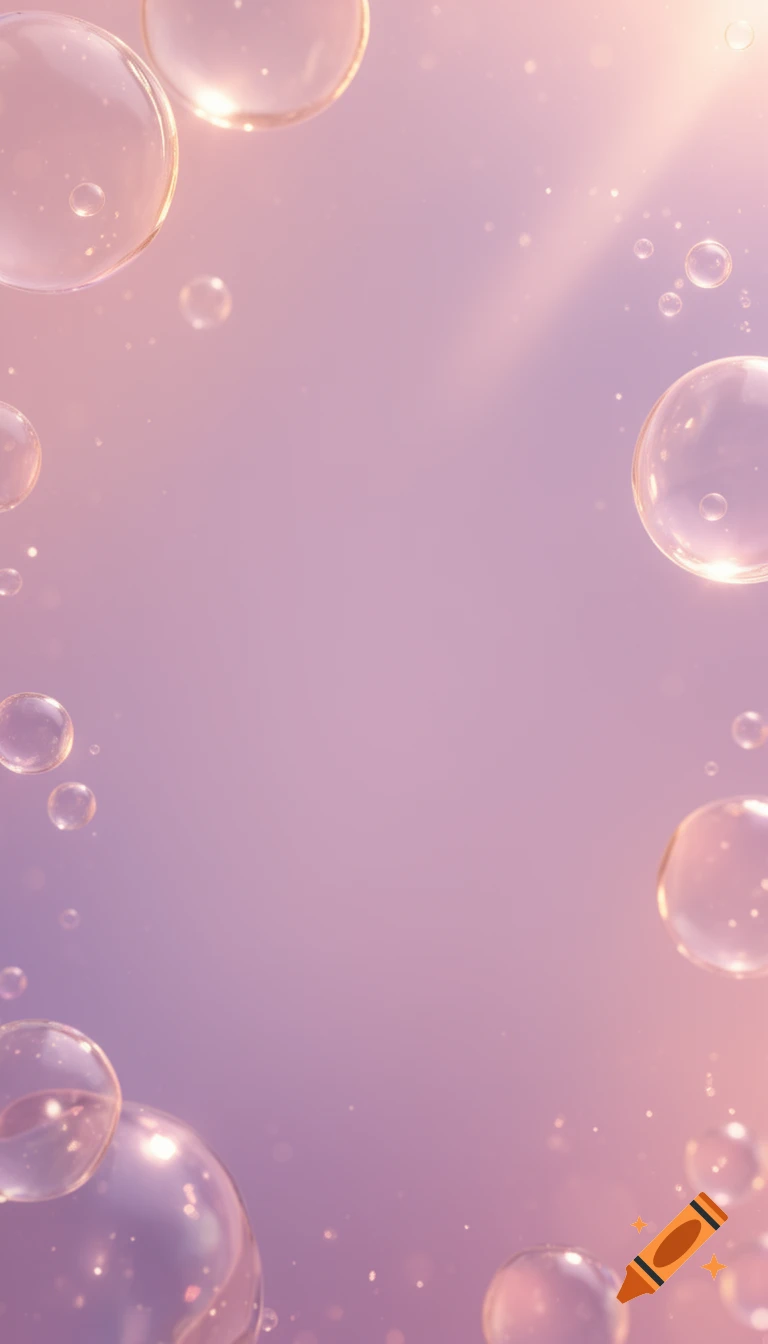 Vertical pastel mauve and soft pink background with glowing translucent bubbles and light leaks.