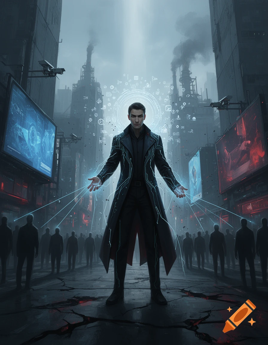 A dark-haired man in a trench coat stands in a dystopian city street, controlling a crowd with glowing blue energy threads.