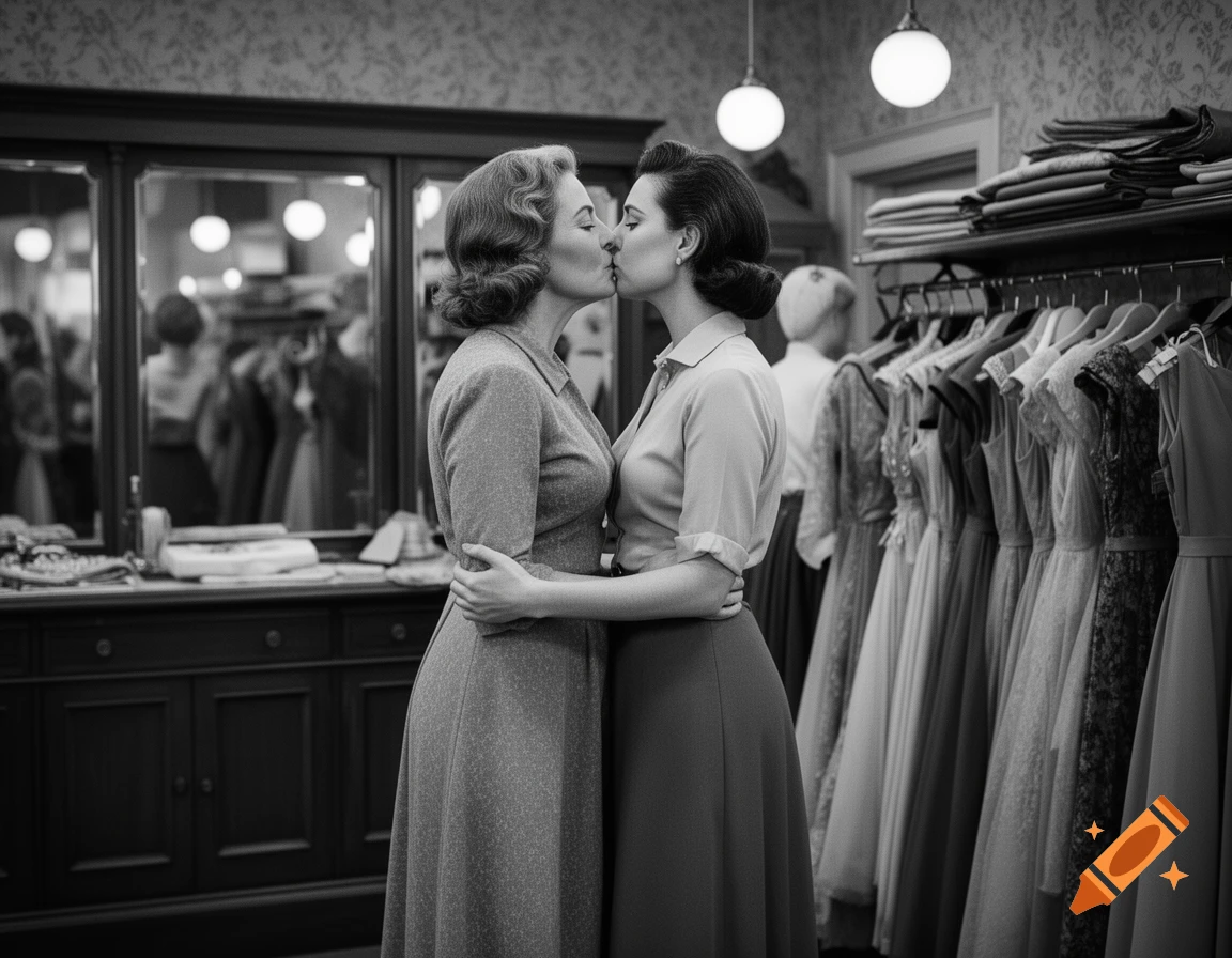 Black and white photo of a mature woman kissing the female owner of a dress shop in the 1950s.