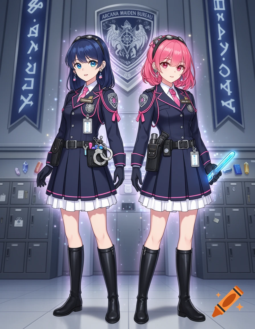 Two anime magical girl police officers in navy blue uniforms with pink accents standing in front of lockers.