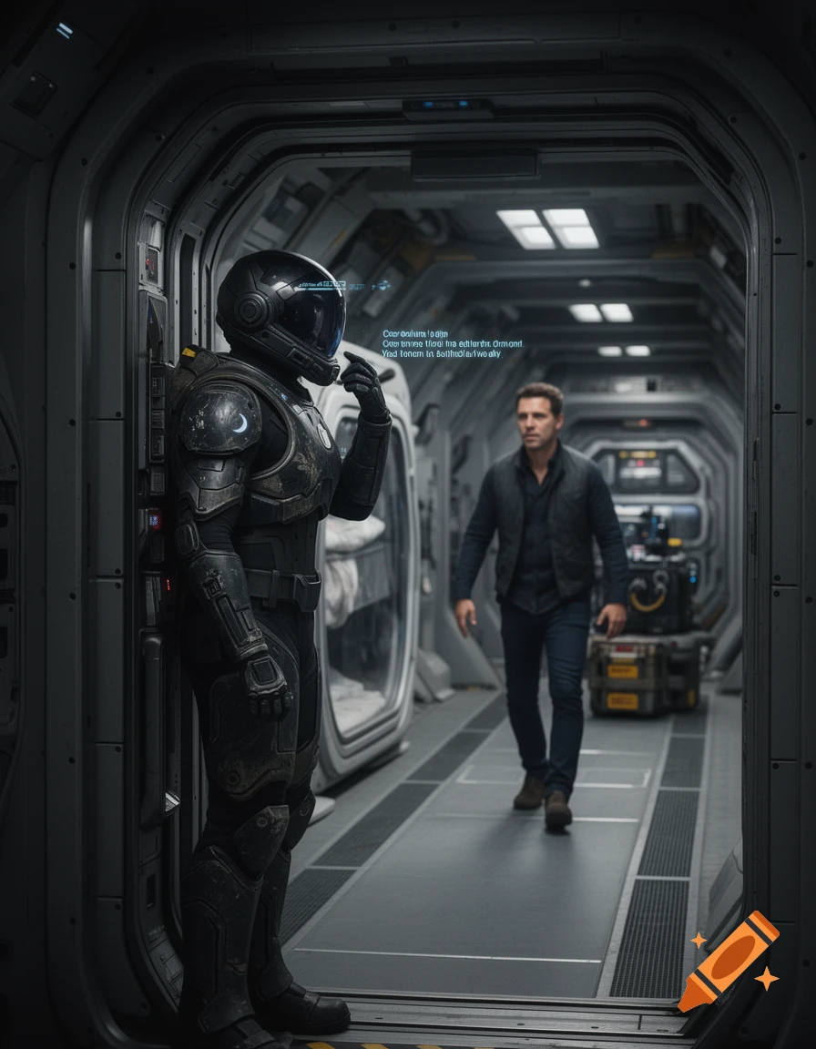 Photorealistic sci-fi scene of an astronaut leaning in a spaceship corridor while a man walks towards them.