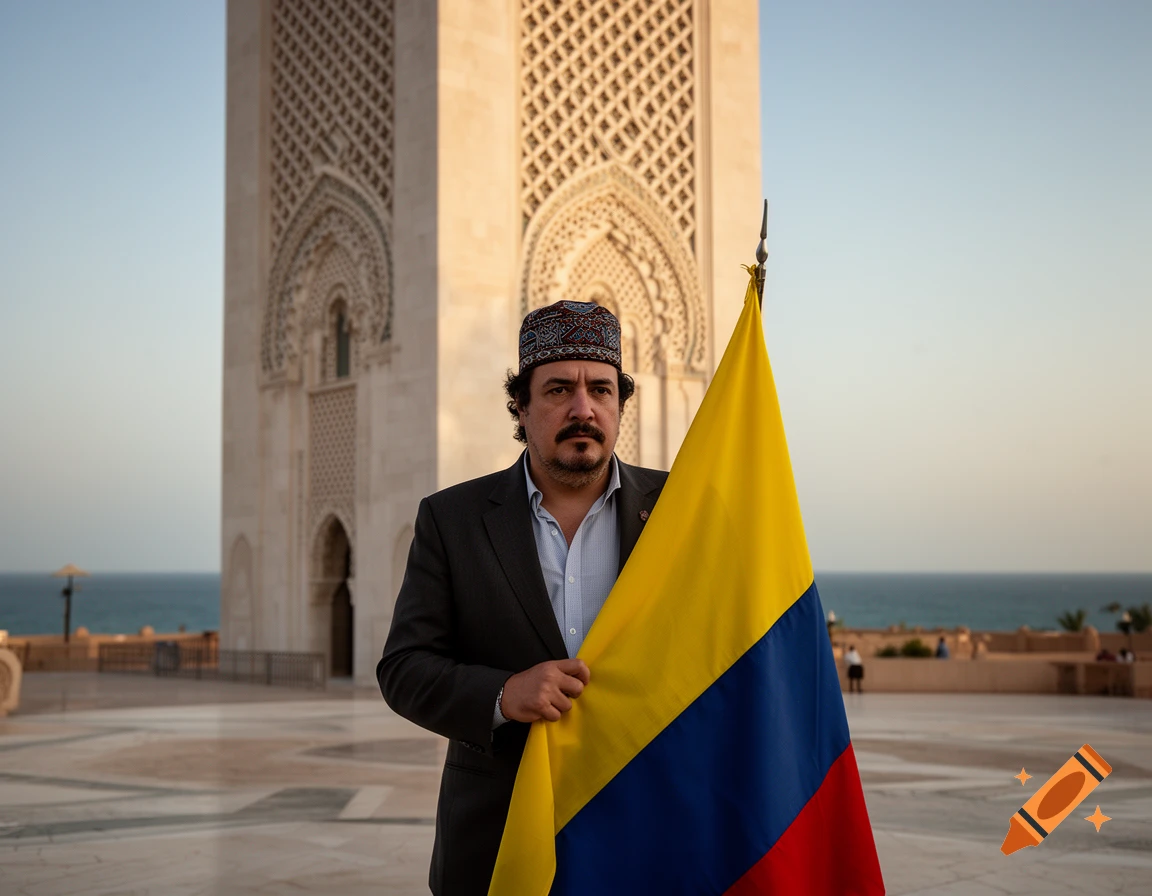 Photorealistic image of a man wearing a traditional Moroccan hat and holding a Colombian flag in front of a large mosque in Casablanca.