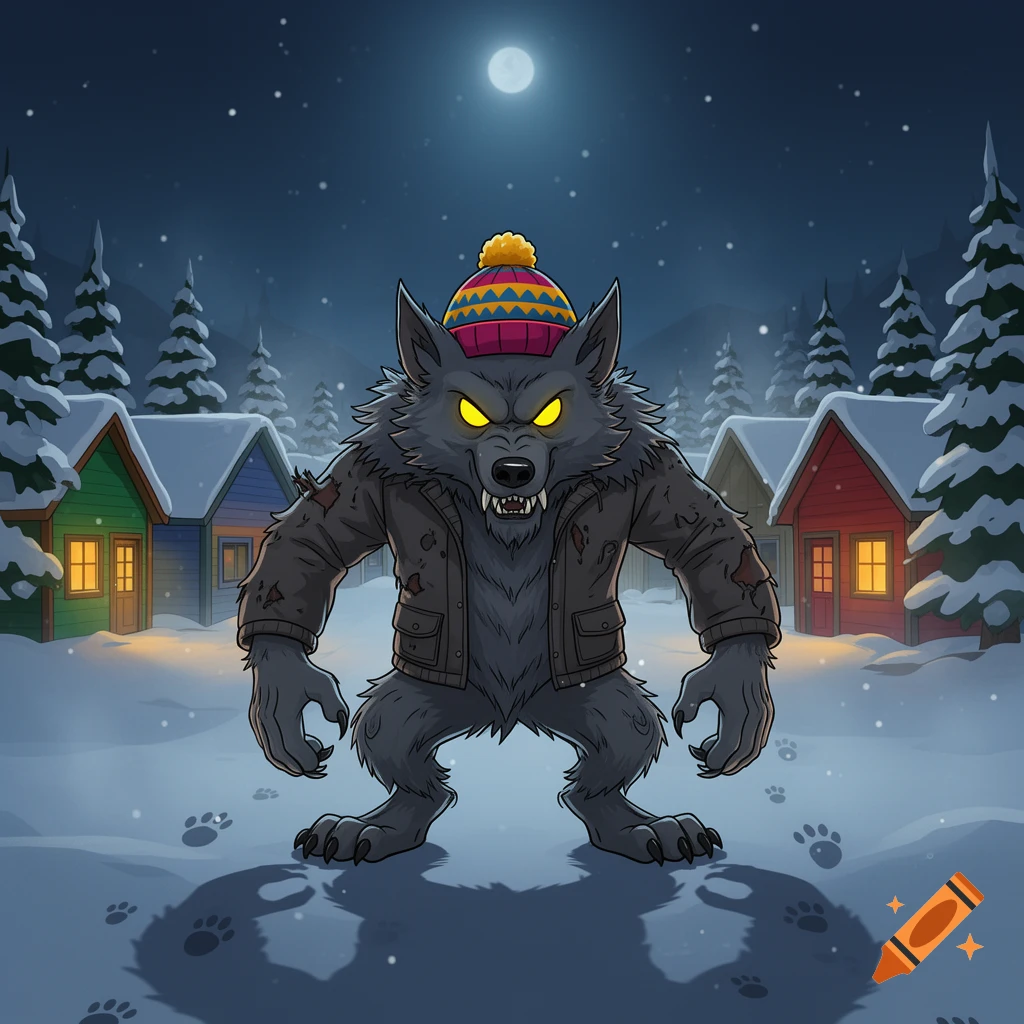 A cartoon werewolf wearing a colorful winter hat and torn jacket, standing in a snowy village at night under a full moon.