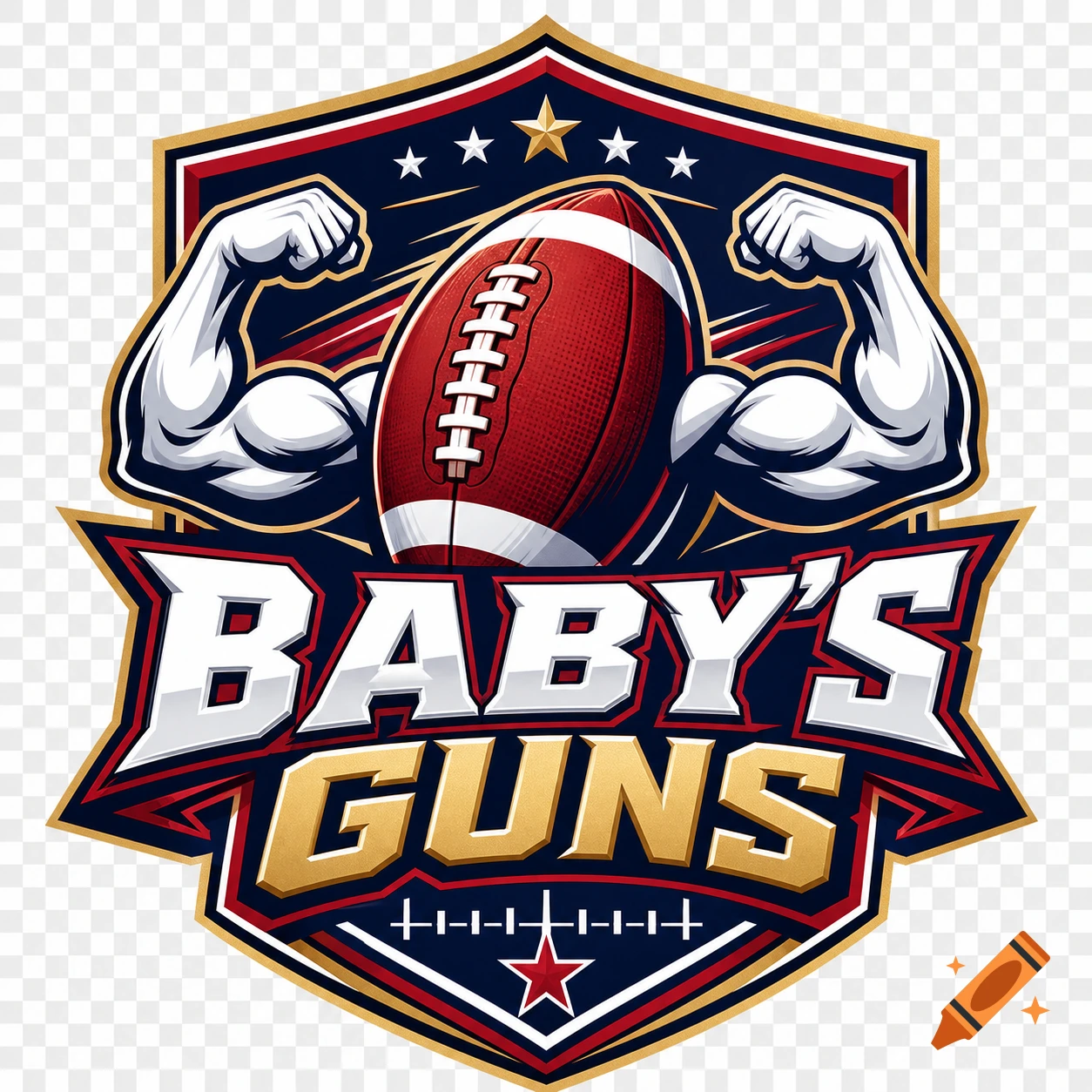 Fantasy football league logo with a football, muscular arms, stars, and the text Baby's Guns.