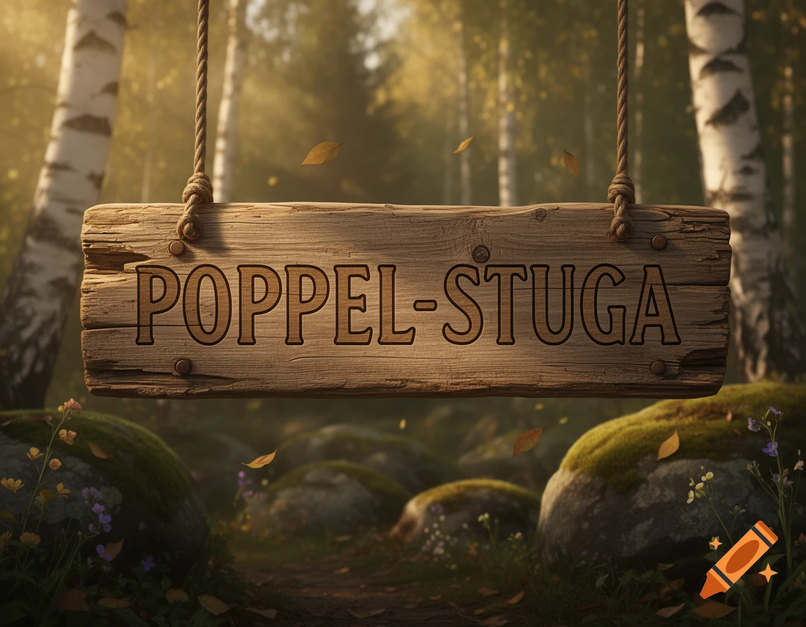 A rustic wooden sign hanging by ropes in a sunny forest, with the text 'POPPEL-STUGA' carved on it.