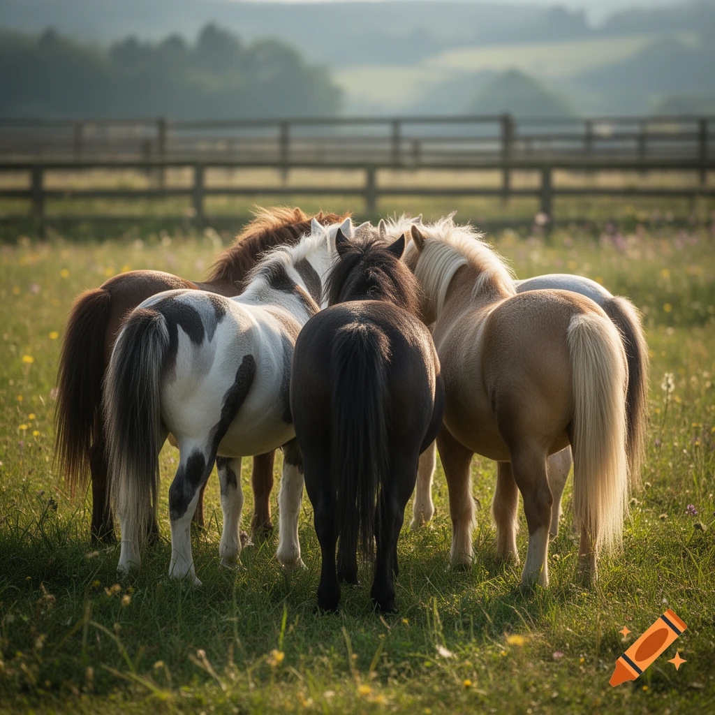 Photorealistic group of horses standing together in a grassy field with a wooden fence in the background.