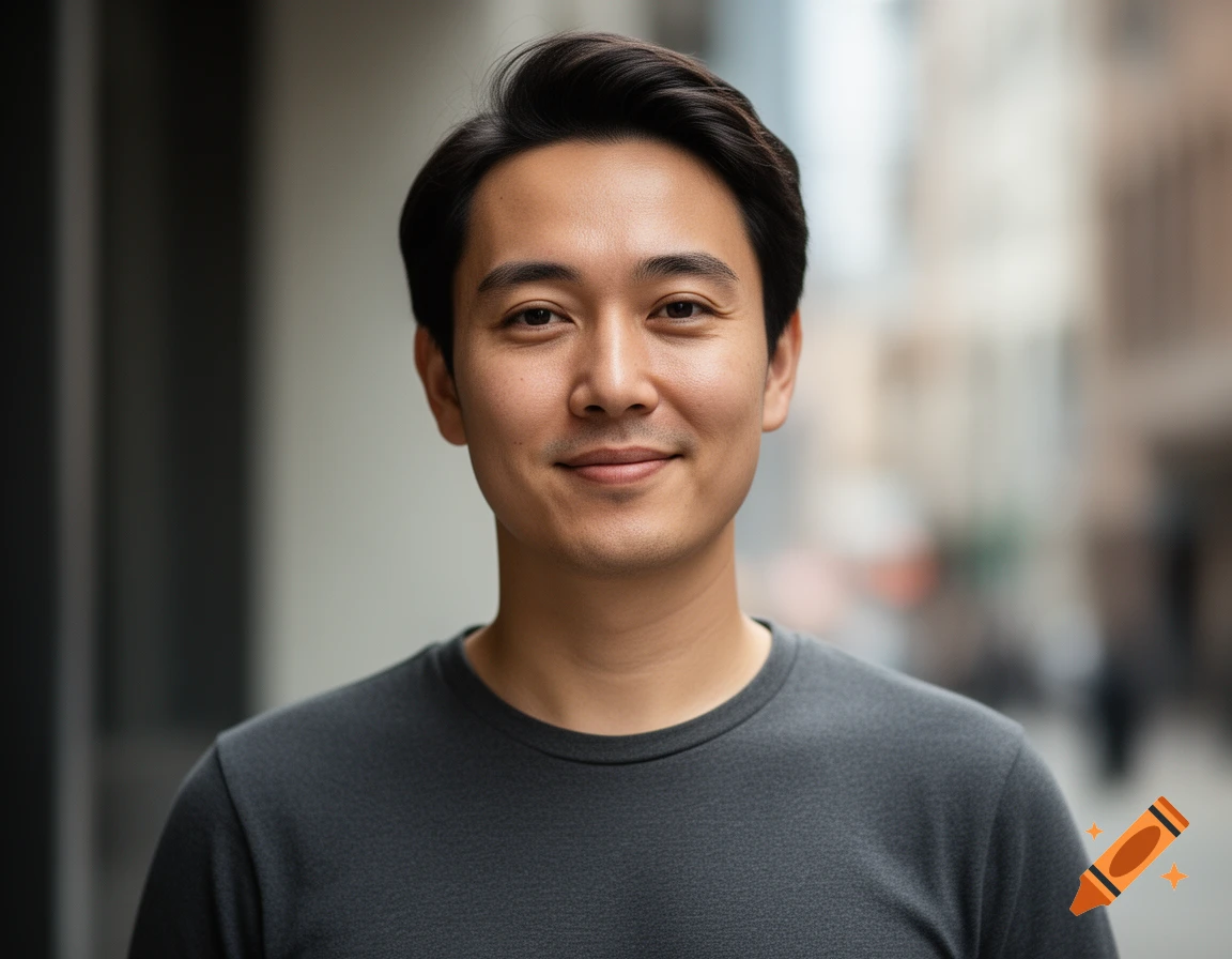 Close-up photorealistic portrait of an Asian man with short dark hair, smiling gently, wearing a dark gray t-shirt against a softly blurred urban background.