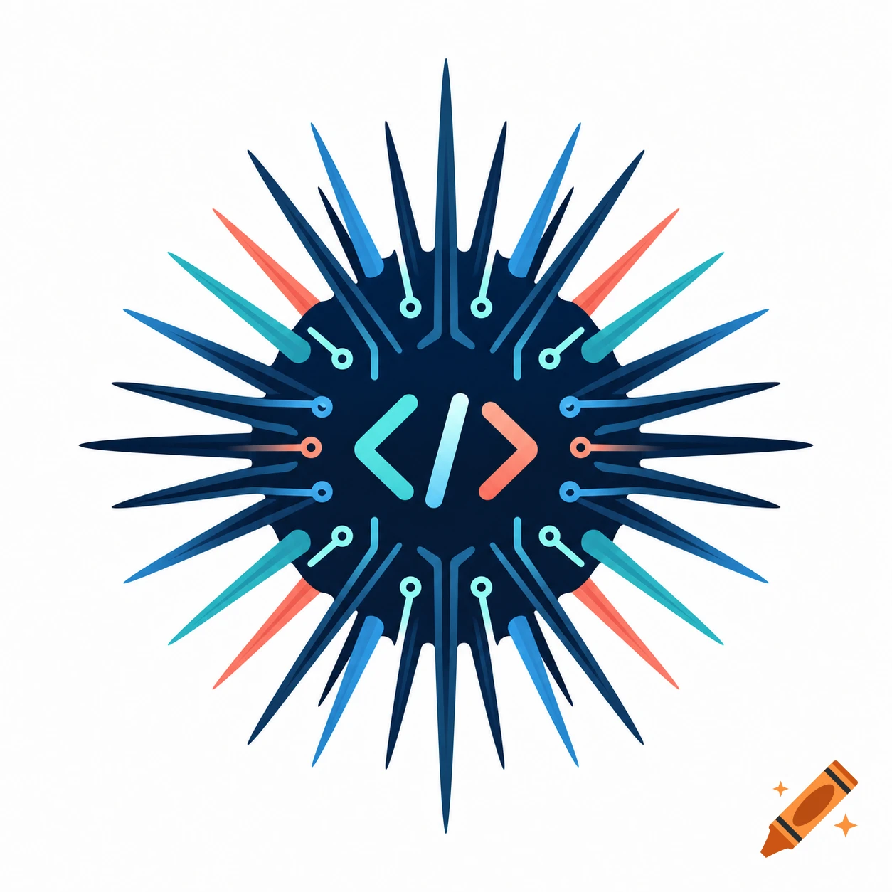 Logo of a sea urchin with code brackets in the center, stylized vector art on a white background.