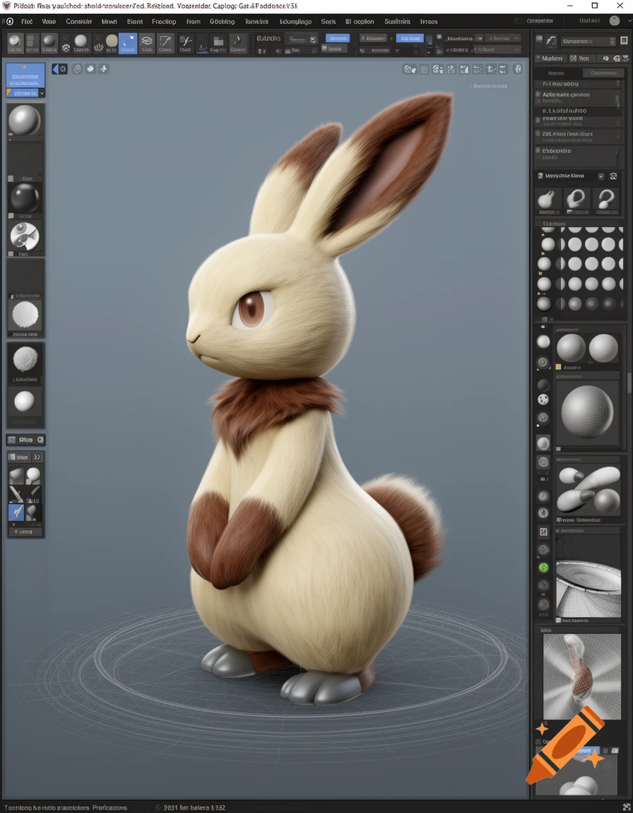 A 3D modeling interface showing a digital render of the Pokémon Lopunny in a faithful recreation.