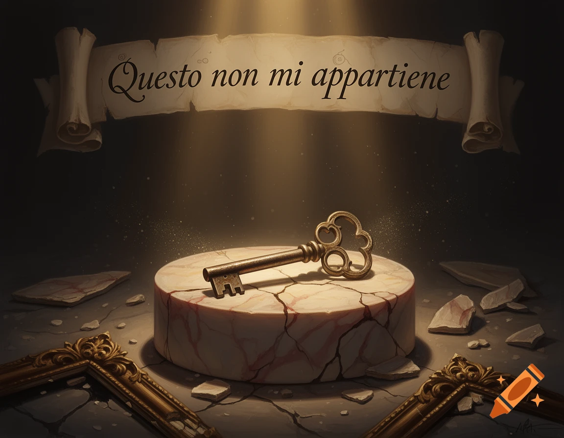 An ornate key resting on a cracked stone pedestal beneath a banner with Italian text, illuminated by a spotlight.