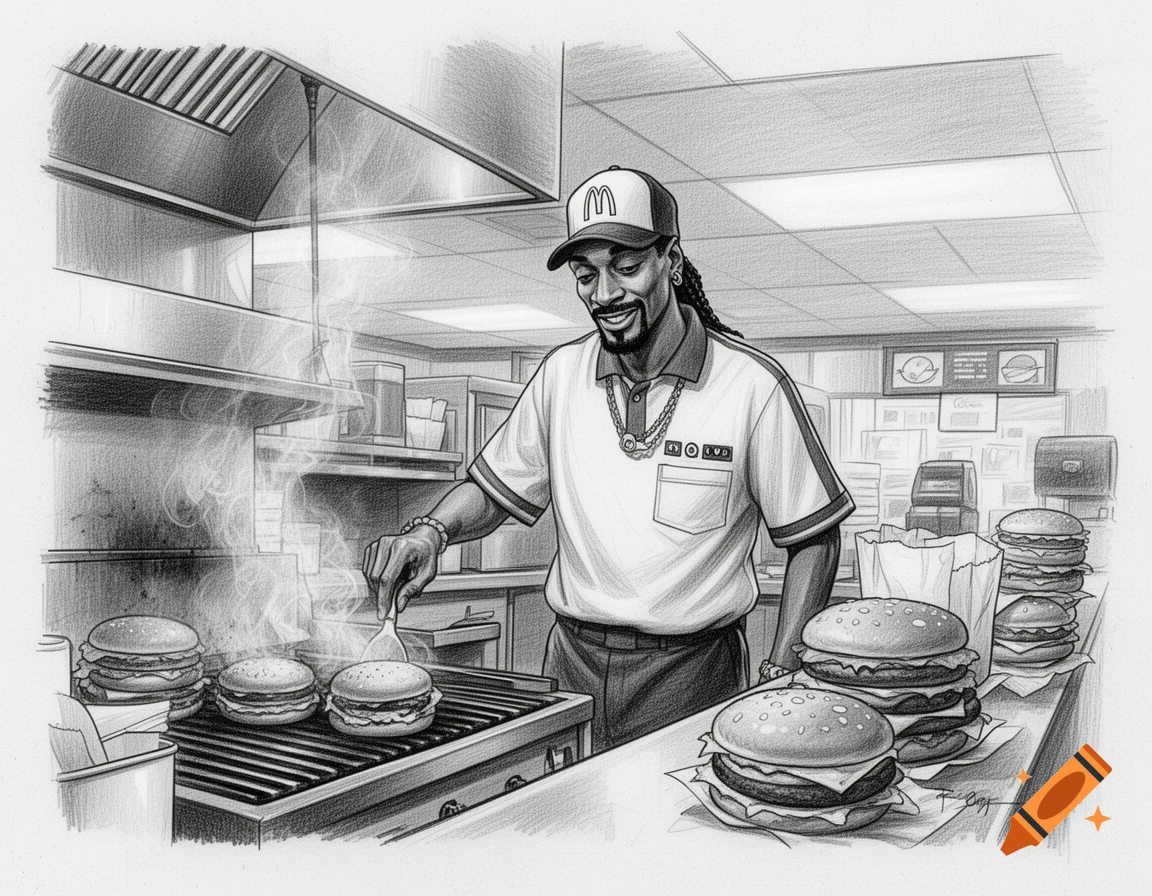 Black and white pencil sketch of Snoop Dogg wearing a hat with an M logo, flipping hamburgers on a flat top grill in a restaurant kitchen.