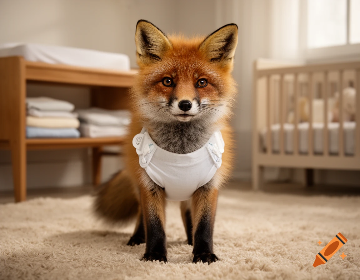 Photorealistic image of a cute red fox wearing a white diaper, standing on a carpet in a nursery.