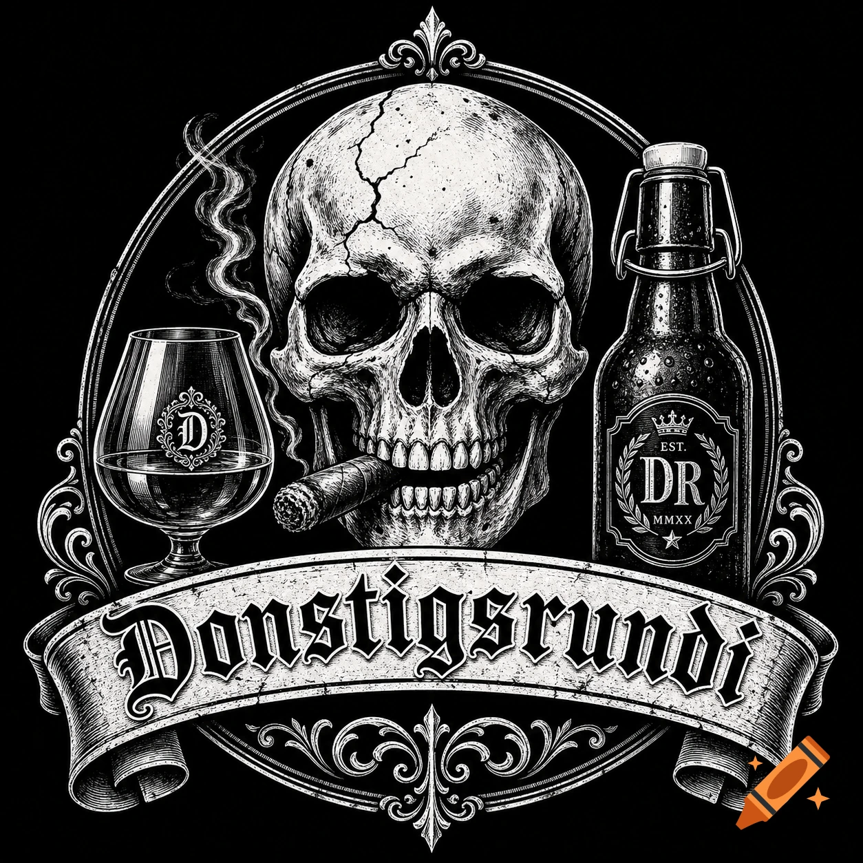 Black and white gothic style logo featuring a skull with a cigar, a cognac glass, a swing-top beer bottle, and a banner reading Donstigsrundi.