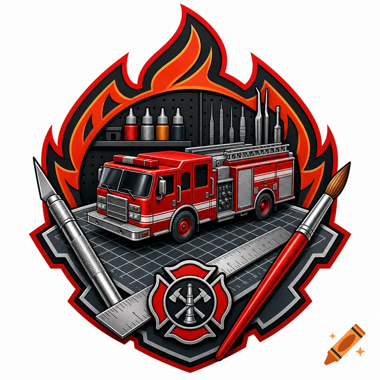 Detailed vector logo featuring a red fire truck, fire, hobby tools, and a Maltese cross on a grid cutting mat.