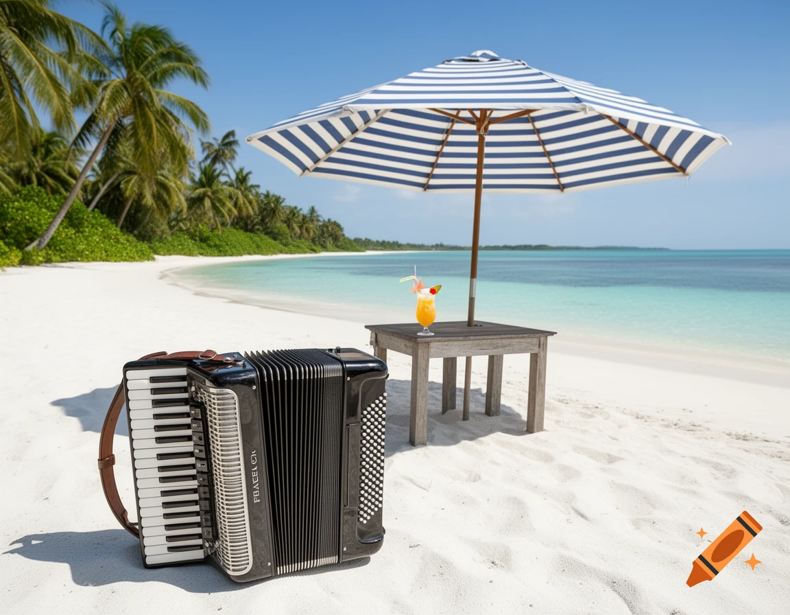 An accordion rests on a white sand tropical beach near a table with a cocktail under a striped umbrella.