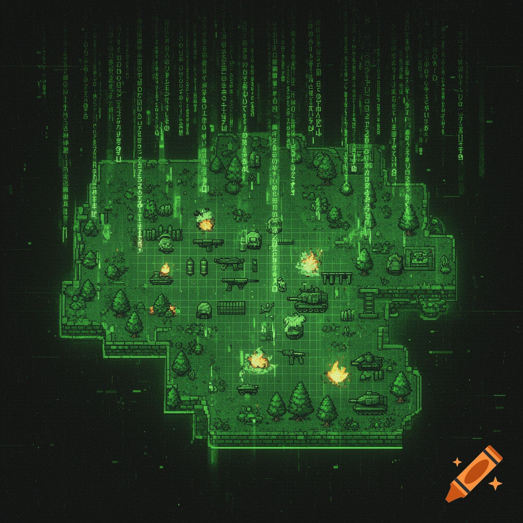A pixel art military map with trees, tanks, and a green Matrix code overlay.