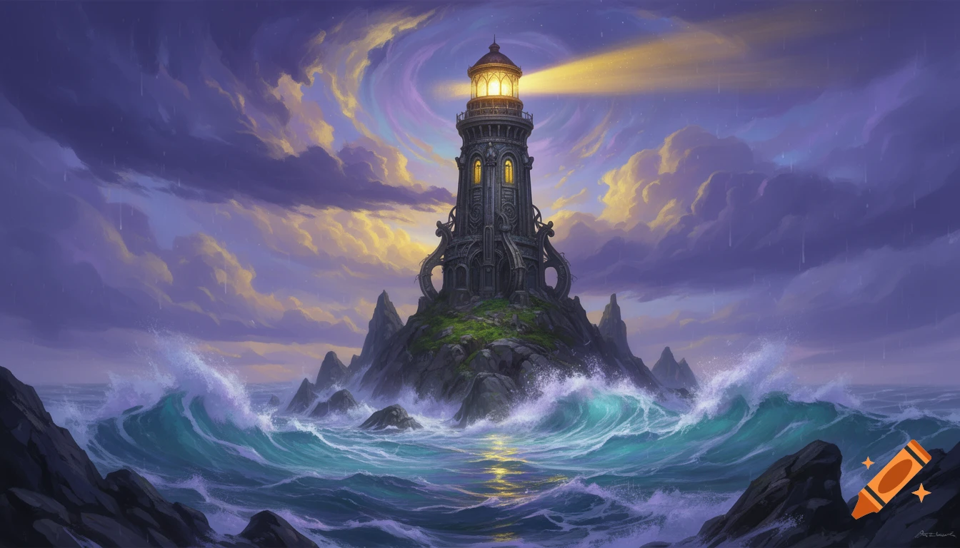 Digital painting of an ornate lighthouse on a rocky island amidst turbulent waves under a dramatic purple and gold sky.