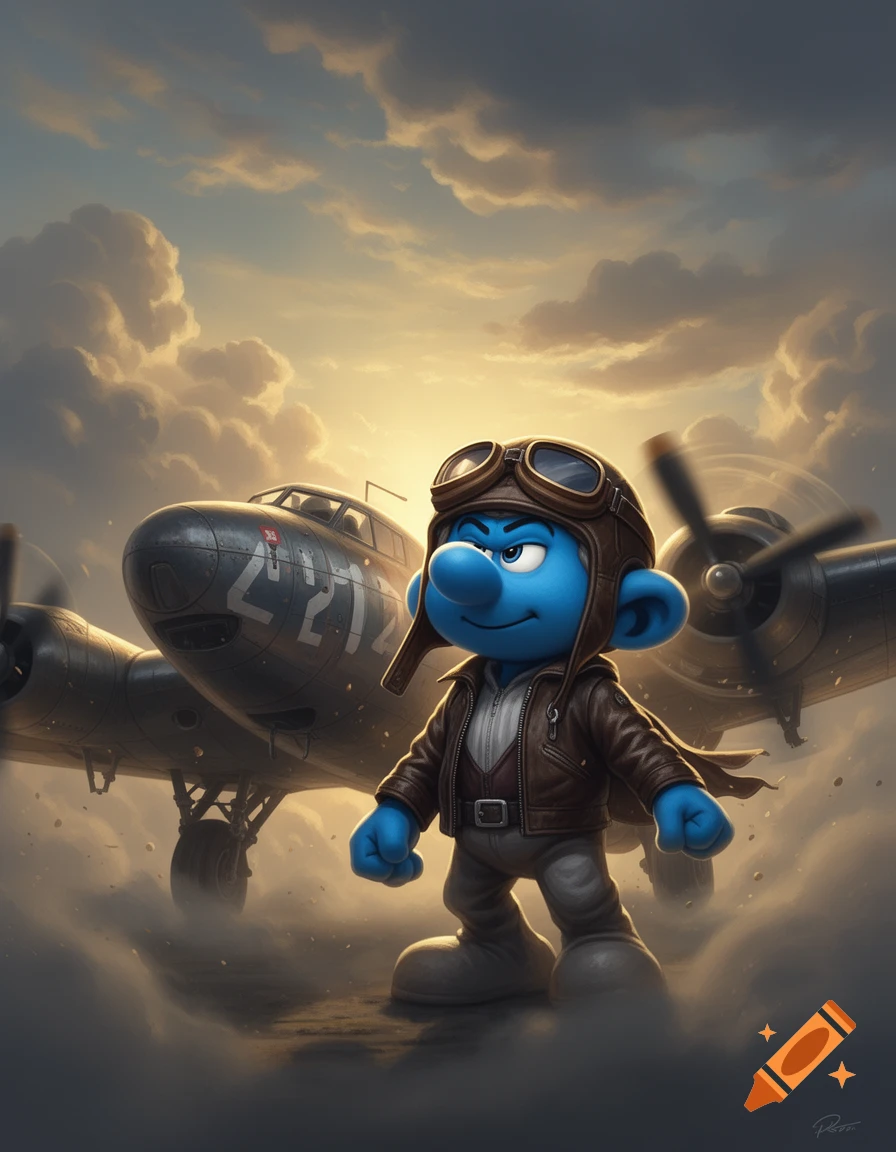 A blue Smurf character dressed as a bomber pilot in a leather jacket and goggles, standing in front of a retro airplane under a cloudy sky.