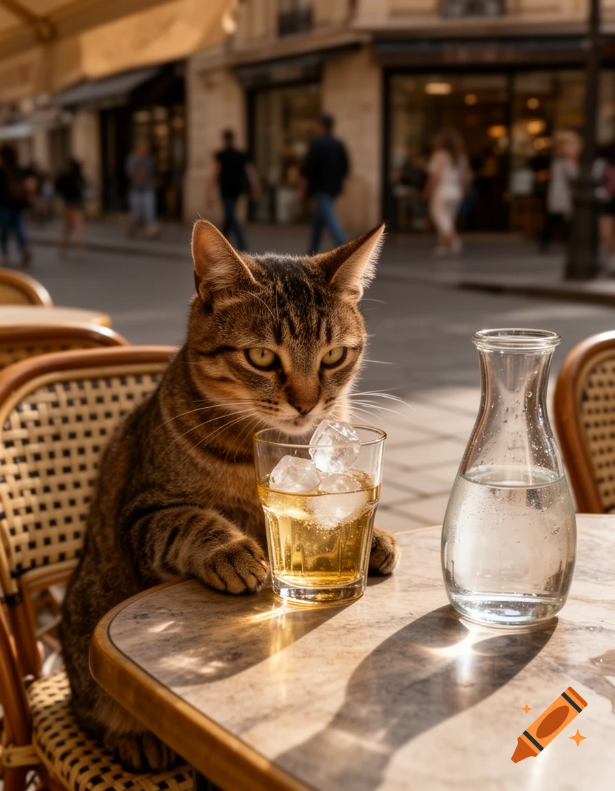 Photorealistic image of a tabby cat sitting at an outdoor cafe table, looking at a glass of pastis with ice.