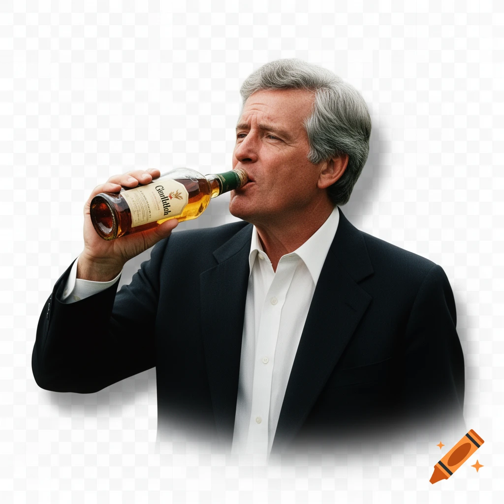 Photorealistic image of Ted Kennedy in a dark suit drinking Glenfiddich whiskey from the bottle against a transparent background.