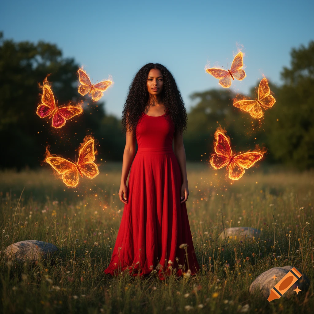A black-haired woman in a long red dress standing in a grassy field surrounded by glowing fire butterflies, photorealistic.