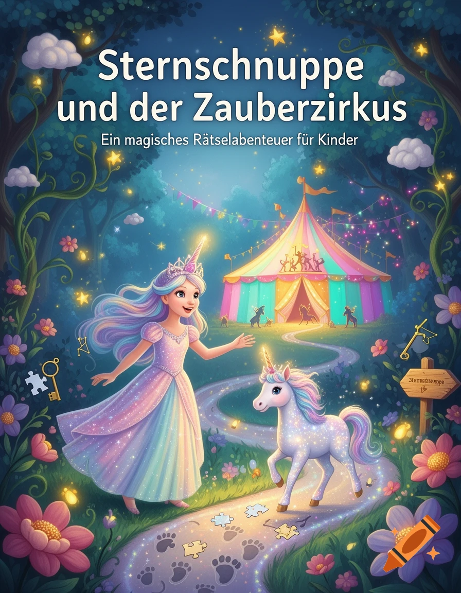 Children's book cover illustration of a unicorn princess and a magical sparkling unicorn in a fantasy forest.