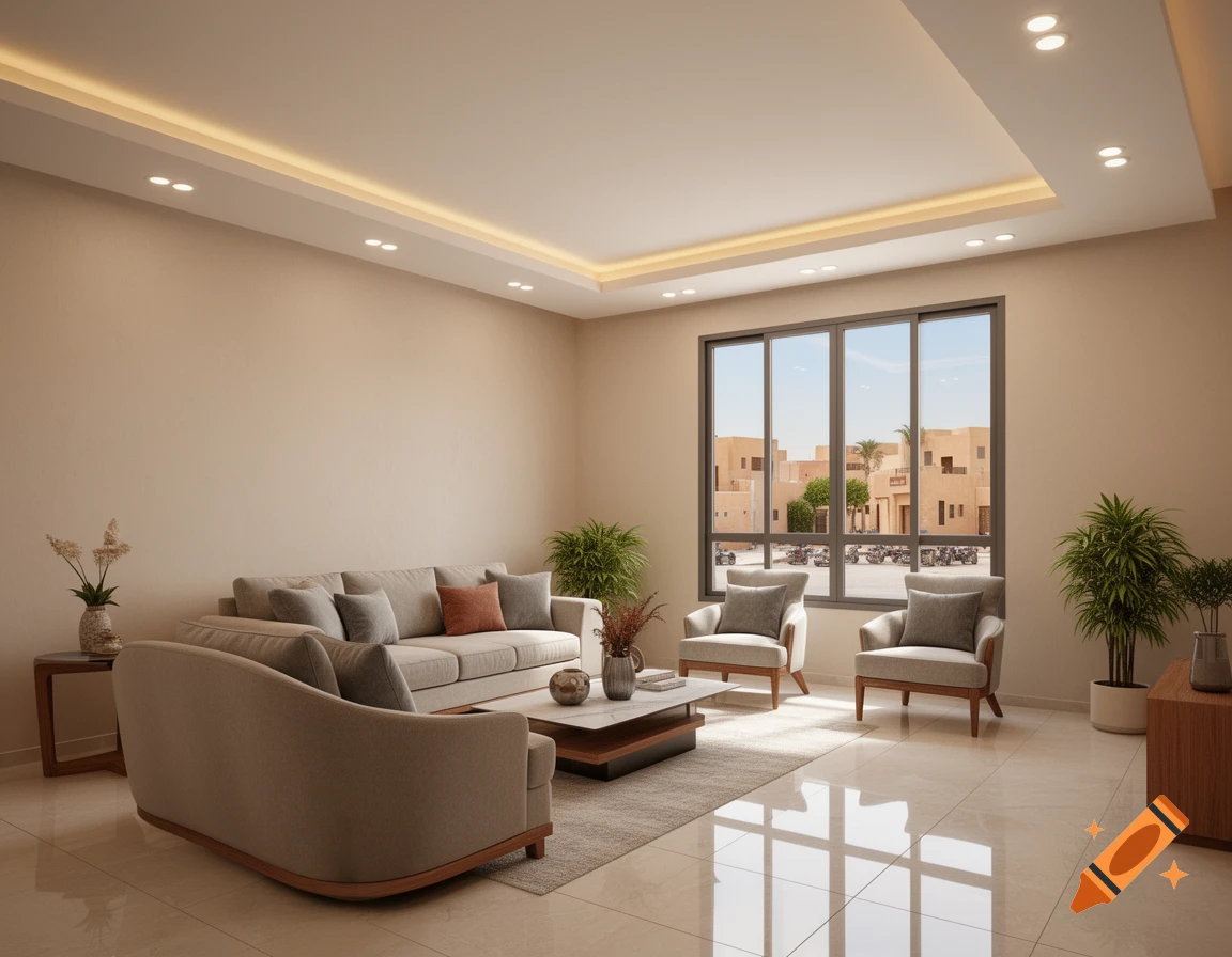 Photorealistic 3D interior design rendering of a spacious, modern living room with neutral colors and warm lighting.