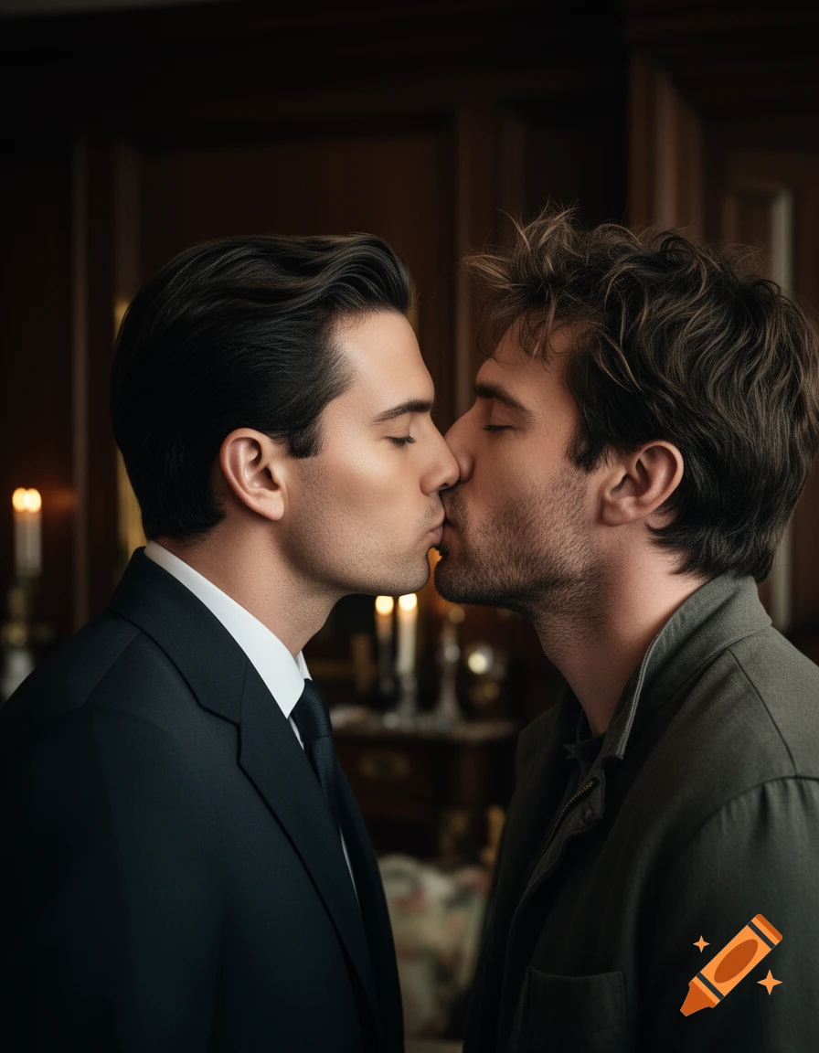 Photorealistic close-up of two men kissing indoors, one wearing a dark suit and the other a green jacket.