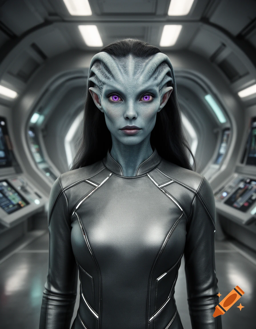 Close-up photorealistic portrait of an alien woman with grey-blue skin, purple eyes, and ridged head structures, standing in a spaceship corridor.