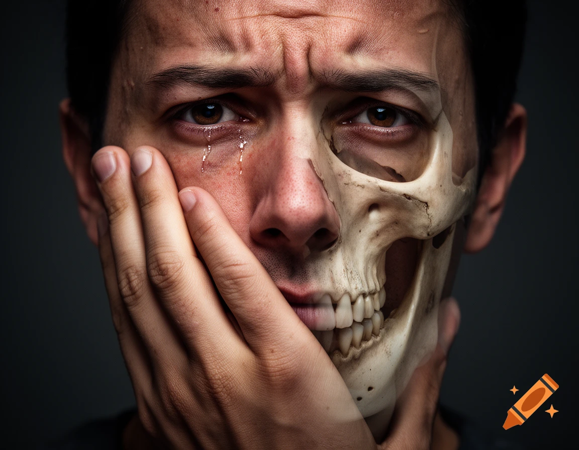 Close-up photorealistic portrait of a man crying, with the right side of his face transitioning into a skull.