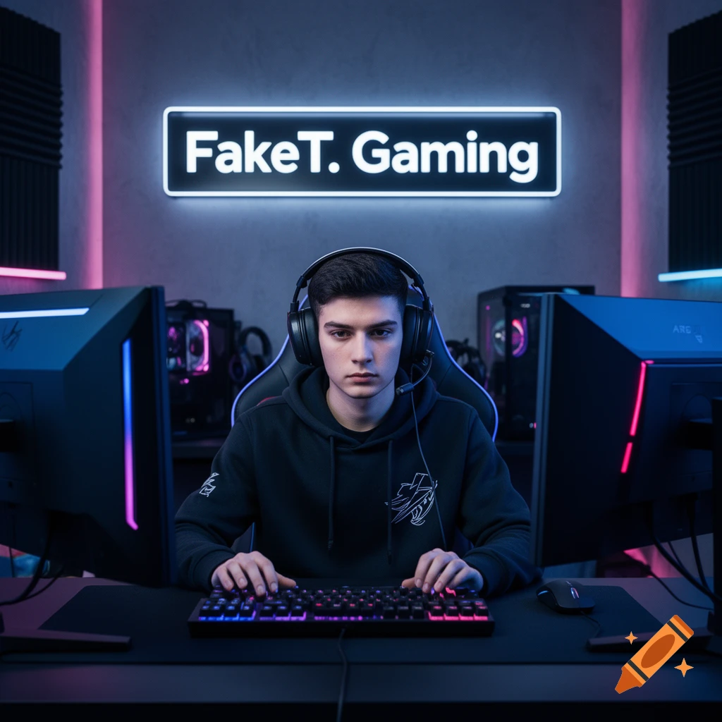 A young man wearing a black hoodie and headphones sitting in a gaming setup with dual monitors and a neon sign reading 'FakeT. Gaming'.