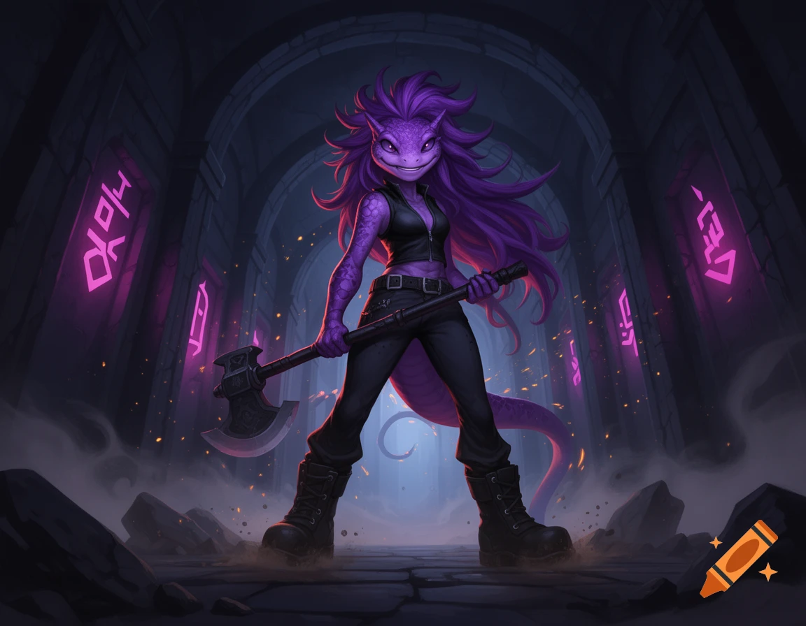 Digital art of Susie from Deltarune, a purple reptilian humanoid with long purple hair and a leather vest, wielding an axe in a dark stone dungeon.
