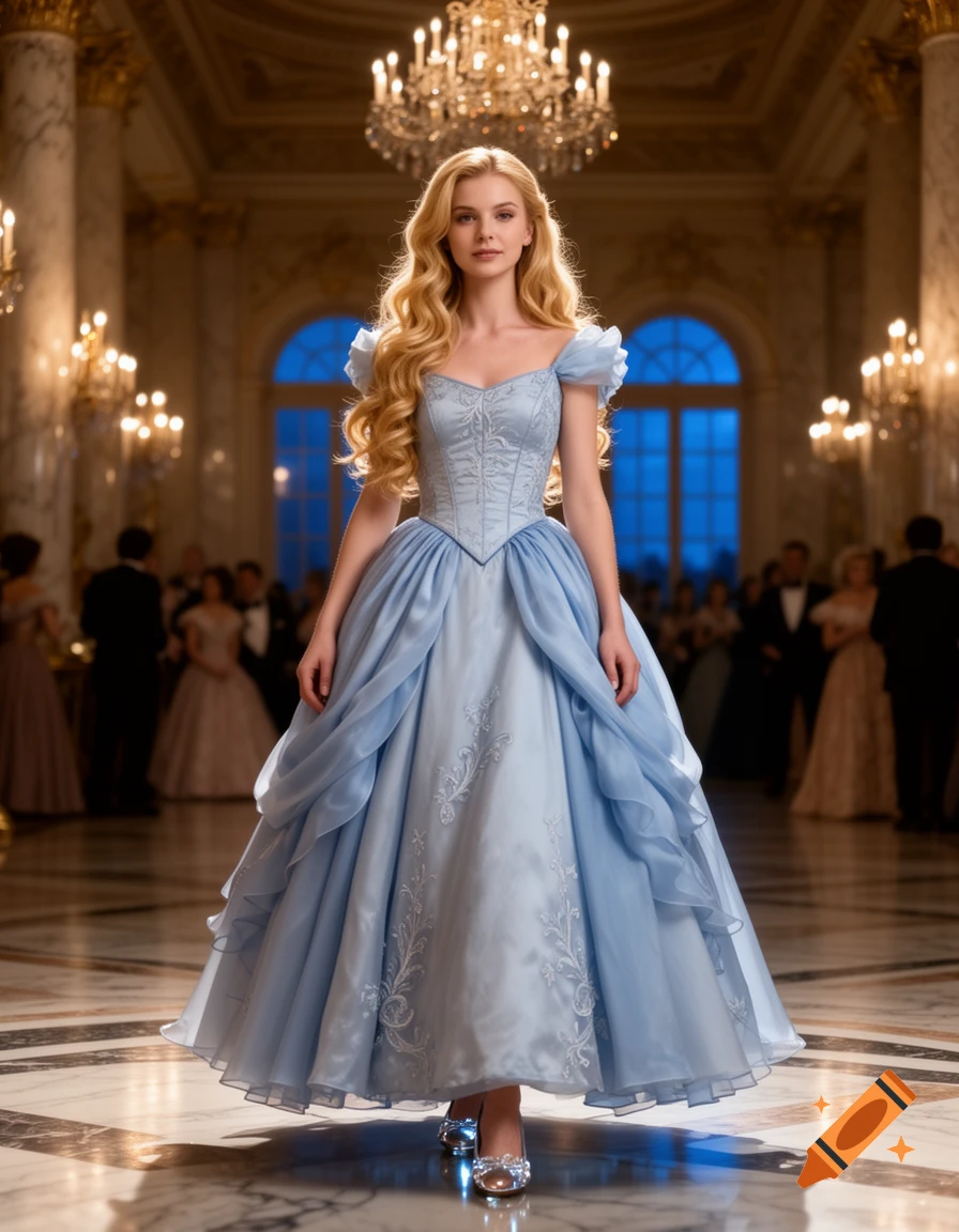 Photorealistic full-length portrait of a blonde woman in a ballgown inside a grand palace ballroom.