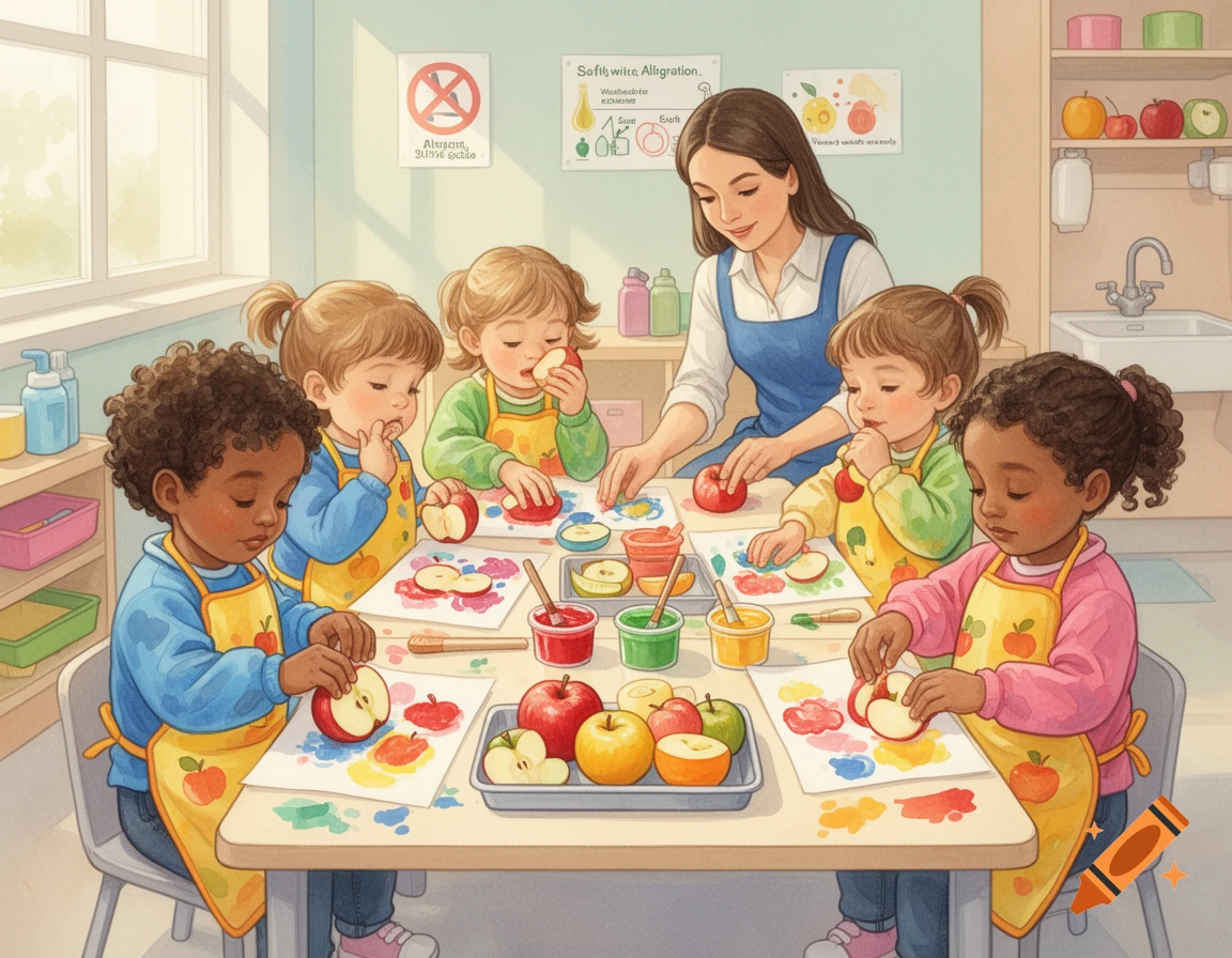 Digital illustration of a teacher and young children doing fruit printing art at a table in a classroom.