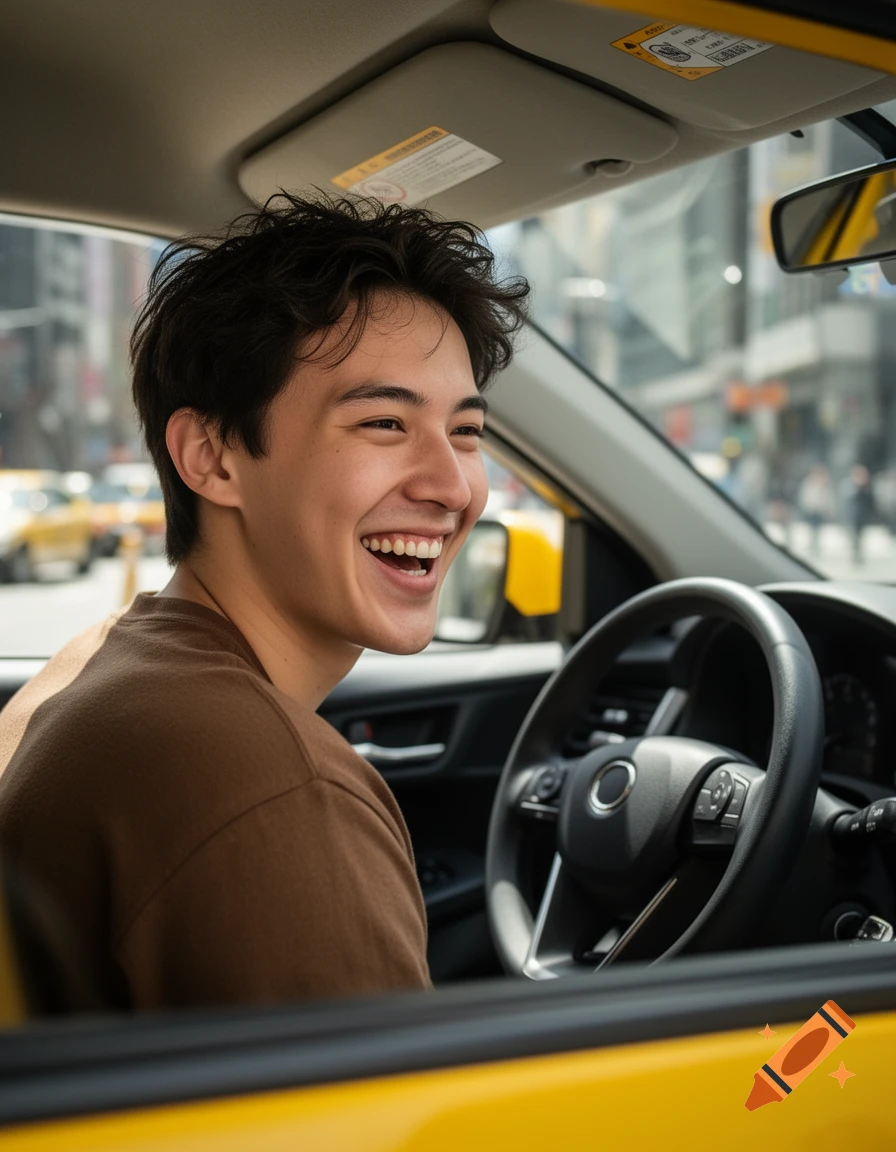 Photorealistic image of a young man laughing while driving a yellow taxi.