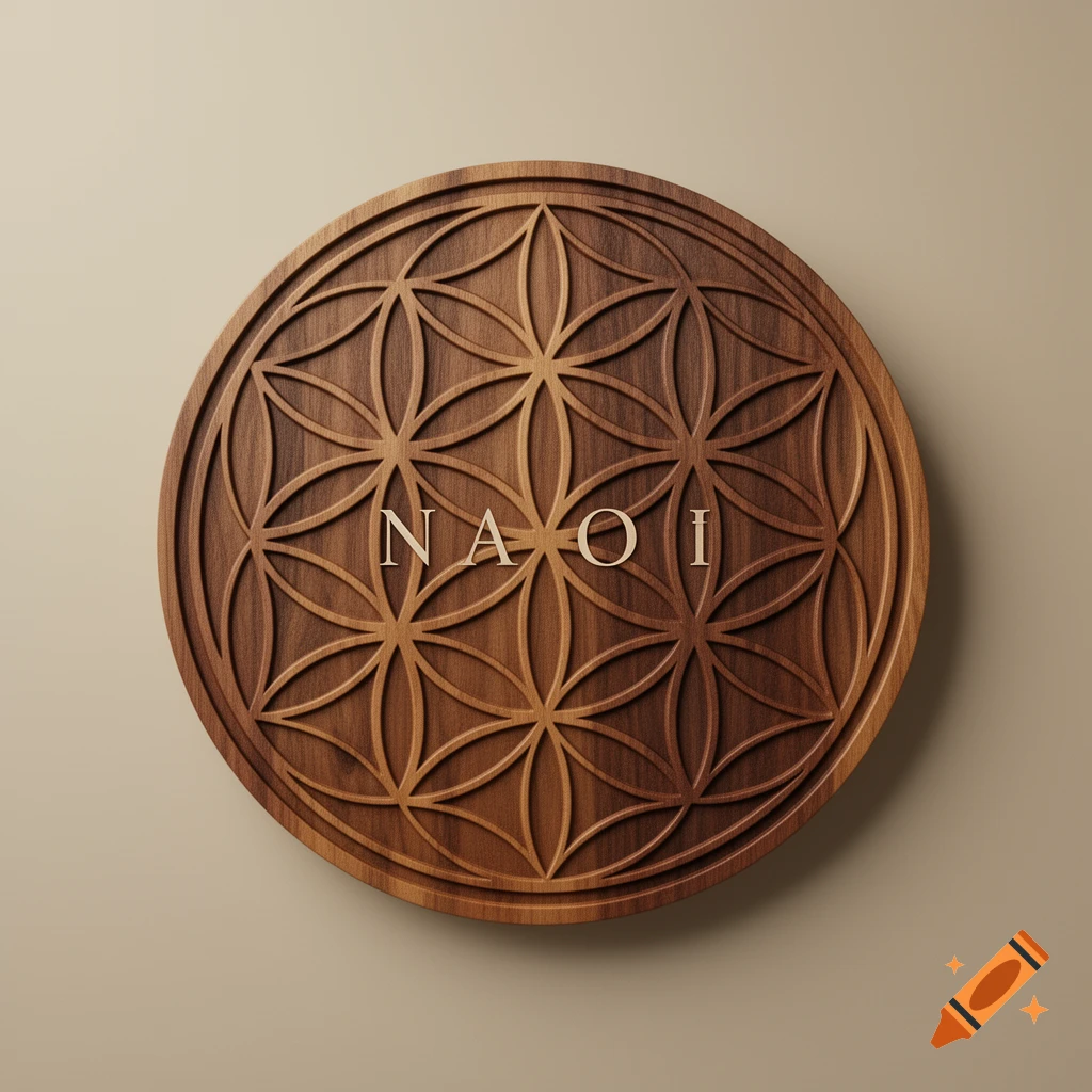 Circular wooden plaque carved with the Flower of Life sacred geometry pattern and the letters NAOI in the center.