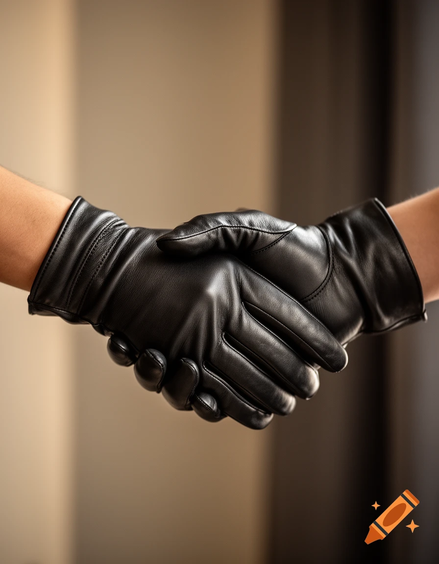 Close-up photorealistic image of two people wearing black leather gloves shaking hands.