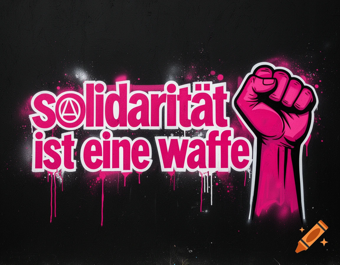 Pink graffiti style text reading 'solidarität ist eine waffe' with a raised fist on a black wall.