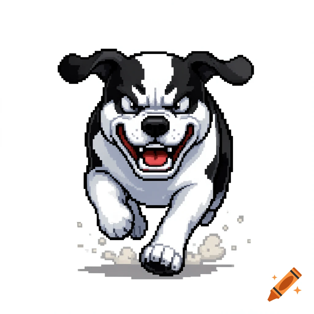 Pixel art style illustration of an angry black and white dog running toward the viewer on a white background.