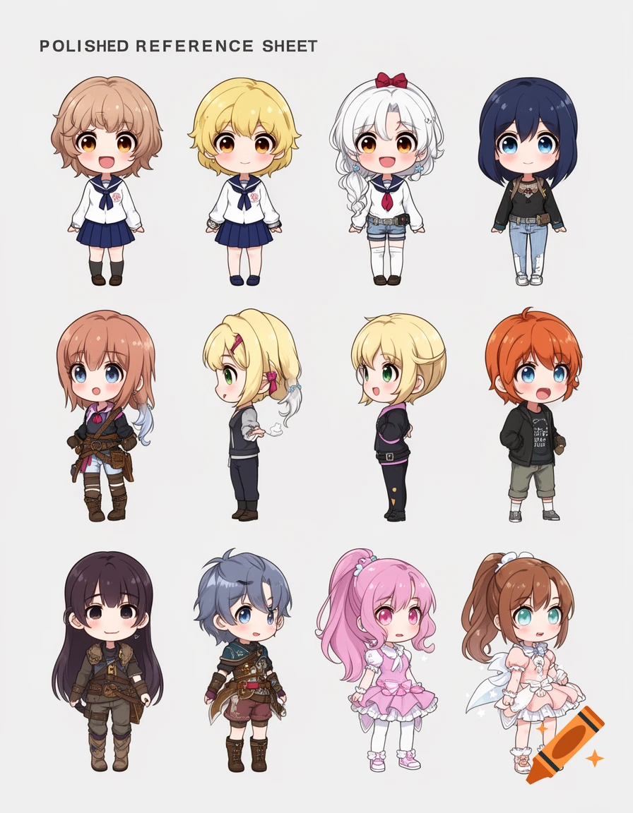 A reference sheet of twelve chibi anime characters in various outfits and hairstyles against a plain background.